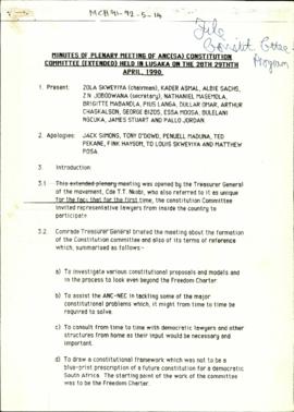 Minutes of Plenary Meeting of ANC(SA) Constitution Committee (Extended) Held in Lusaka on the 28t...
