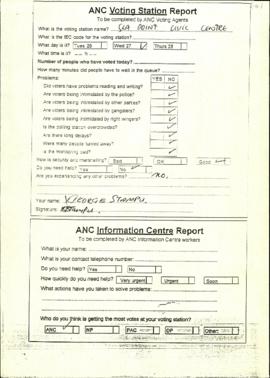 ANC Voting Station Reports and Party Agent Incident Report for Sea Point Civic Centre