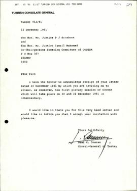 Turkish Consulate General (C Onaran) re: Acceptance of invitation