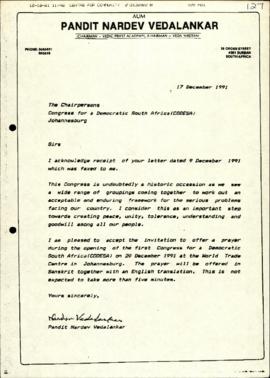 Pandit Nardev Vedalankar re: Response to Invitation