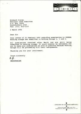 Letter dated to Richard Clacey re: reply to letter dated 26 February 1992 regarding submissions