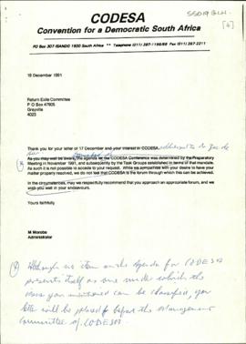 Hand-amended version of reply to above letter, stapled to first draft of the response, signed by ...