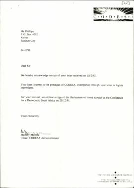 Correspondence between Mr M Phillips and Murphy Morobe re: TVBC States