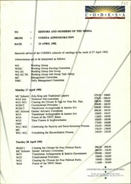 Fax dated to Editors and Members of the Media re: Schedule of meetings in the week of 27 April 1992