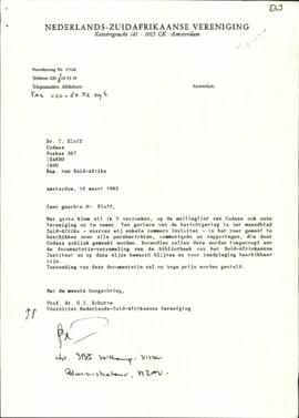 Copy of letter from Prof Dr GJ Schutte of the Nederlands-Zuid Afrikaanse Vereniging to Dr T Eloff...