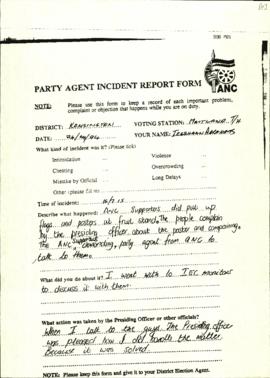 ANC Party Agent Special Incident Report Form