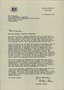 Letter from the British Embassy Cape Town to the Daily Management Committee re: British General E...