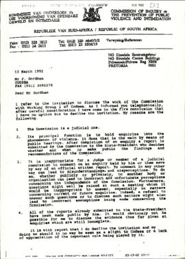 Letter from R. J. Goldstone as Chairman of the Commission of Inquiry to Mr P. Gordon