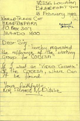Letter from Mr Francis Ditabe to CODESA requesting the Terms of Reference for the Working Groups