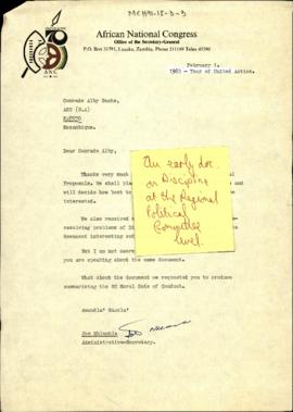 Letter to Alby Sachs [sic.] by Joe Nhlanhla Administrative-Secretary of the ANC