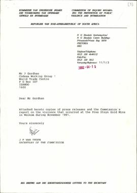 Copy of letter from JF van Eeden, Secretary to the Commission dated April 1992 to Mr P Gordhan re...