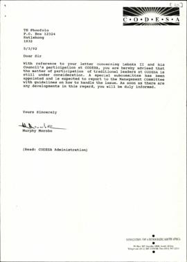 Correspondence between T.E. Phoofolo (On behalf of Mr D.L. Tsotetsi) of the Batlokwa Tribe Nation...