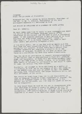 Proposed text for a Letter by Nelson Mandela, President of the ANC, to Mr. L Alberts, Chairperson...