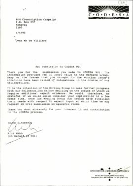 Acknowledgement of submission received from End Conscription Campaign