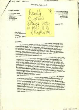 Letter from Ronald Dworkin to Albie Sachs