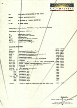 Fax dated to Editors and Members of the Media re: Schedule of meetings in the week of 23 March