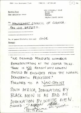 Copy of letter from W le Roux to Management Council re: Representation of Women of CODESA