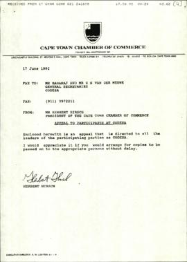 Letter from the Cape Town Chamber of Commerce and telefax header page