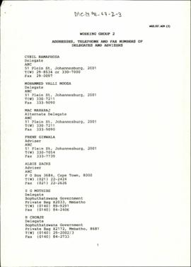 Working Group 2: Addresses, Telephone and Fax Numbers of Delegates and Advisers