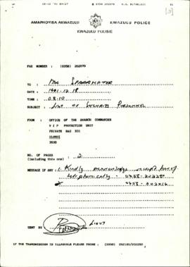 Fax from KwaZulu Police giving names of security volunteers