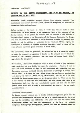 Speech by the State President, Mr F W de Klerk, at CODESA on 16 May 1992