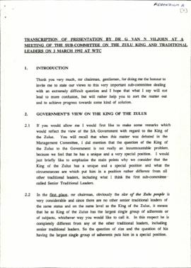 Transcription of presentation by Dr G van N Viljoen at meeting of the Subcommittee on the Zulu Ki...