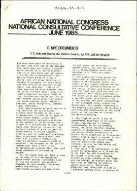 African National Congress National Consultative Conference June 1985 C NPC Documents C3: Role and...