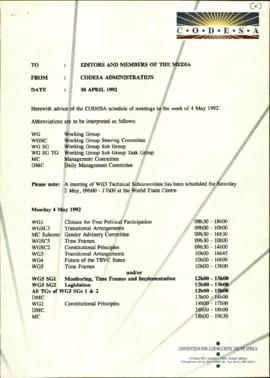 Fax dated to Editors and Members of the Media re: Schedule of meetings in the week of 4 May 1992