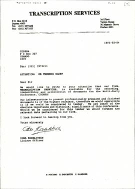 Fax from Transcription Services to CODESA