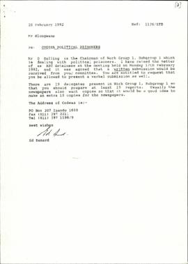 Return Exiles Committee: political prisoners in the ANC (attached is a letter from E Bernard (IFP...