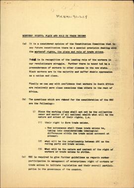 Workers' Rights, Place and Role of Trade Unions [and related document]