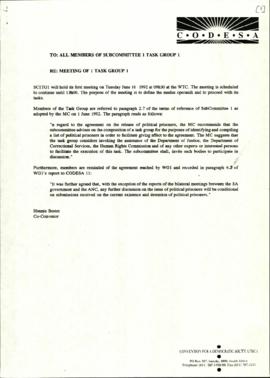 Correspondence to members re: Meeting of SC1TG1