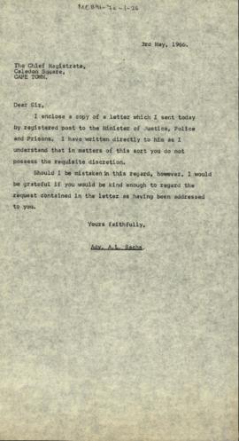 Letter from Adv. A.L. Sachs to the Chief Magistrate