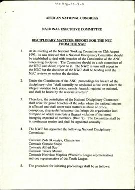 Disciplinary Matters: Report for the NEC From the NWC