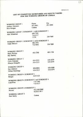 List of Committee Secretaries and Minute-takers for WGs of CODESA