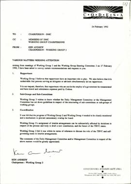 Correspondence from Ken Andrew to Chairperson of DMC: Various matters needing attention