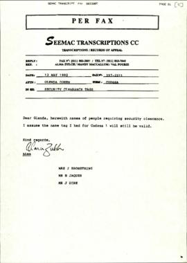 Fax from Seemac Transcriptions re: Security Clearance Tags