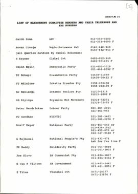 List of Management committee members and their telephone and fax numbers