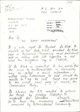 Copy of letter from Struggle Continues, Victory is Certain received by us on the re: supporting o...