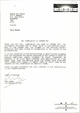 Acknowledgement of submission received from Women for Peace
