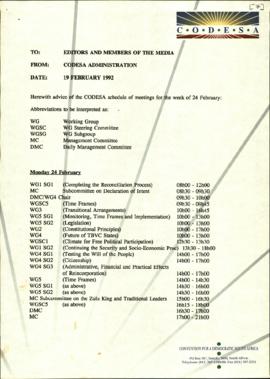 Fax  to Editors and Members of the Media re: Schedule of meetings for the week 24 February