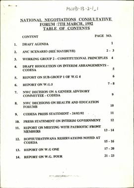 National Negotiations Consultative Forum: 7th March,1992 Table of Contents