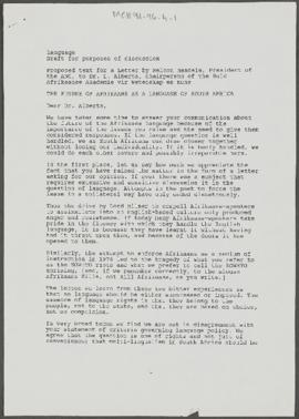 Proposed text for a Letter by Nelson Mandela, President of the ANC, to Mr. L Alberts, Chairperson...