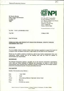 Letter from National Productivity Institute to Murphy Morobe re: Cross Cultural and Productivity ...