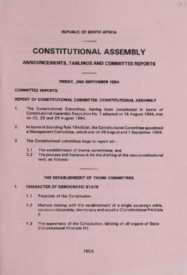 Republic of South Africa: Constitutional Assembly Announcements, Tablings and Committee Reports