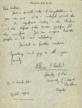 Handwritten letter from Albie Sachs, Faculty of Law, to Walter