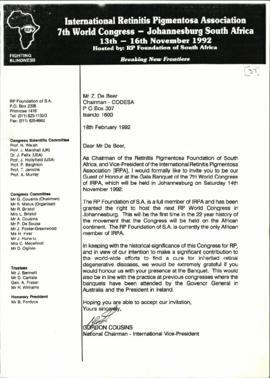 Correspondence between Mr G Cousins and Murphy Morobe re Invitation to Dr Z de Beer guest of Hono...