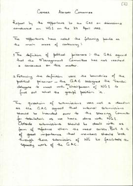 Handwritten report by the rapporteurs to the GAC on discussions conducted on WG1