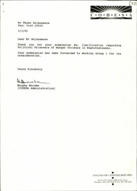 Correspondence between Thabo Sejanamane and Murphy Morobe re CODESA Working Group 1: Clarificatio...