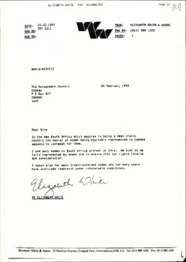 Copy of letter from Elizabeth  White & Associates to The Management Council re: Representatio...